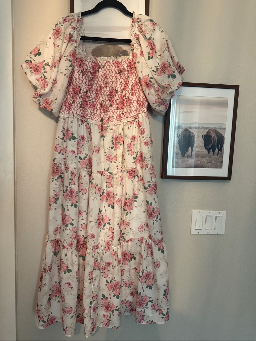 Floral Smocked Midi Dress - Cream with Pink Roses